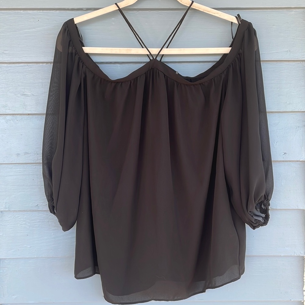 Black Off the Shoulder Halter Neck Balloon Sleeve Top